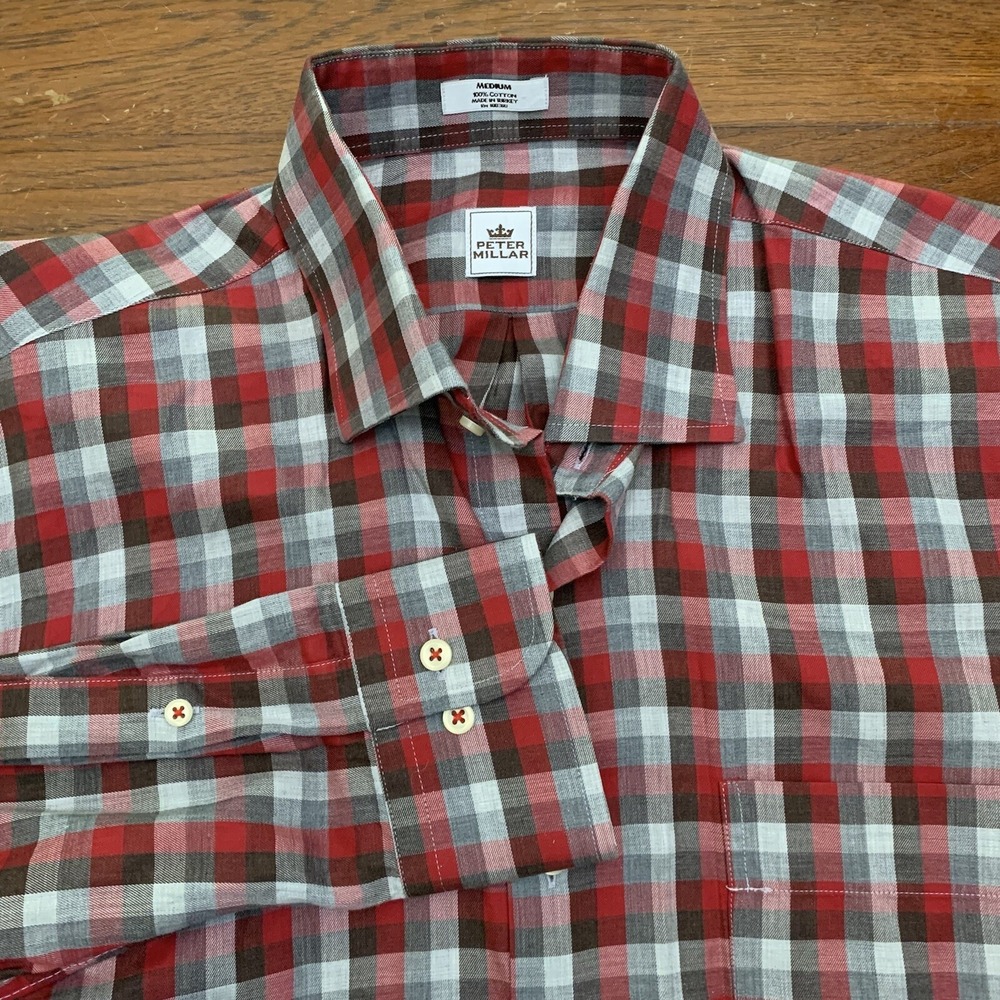 Peter Millar Shirt Mens Medium Button Up Red Black White Check Casual